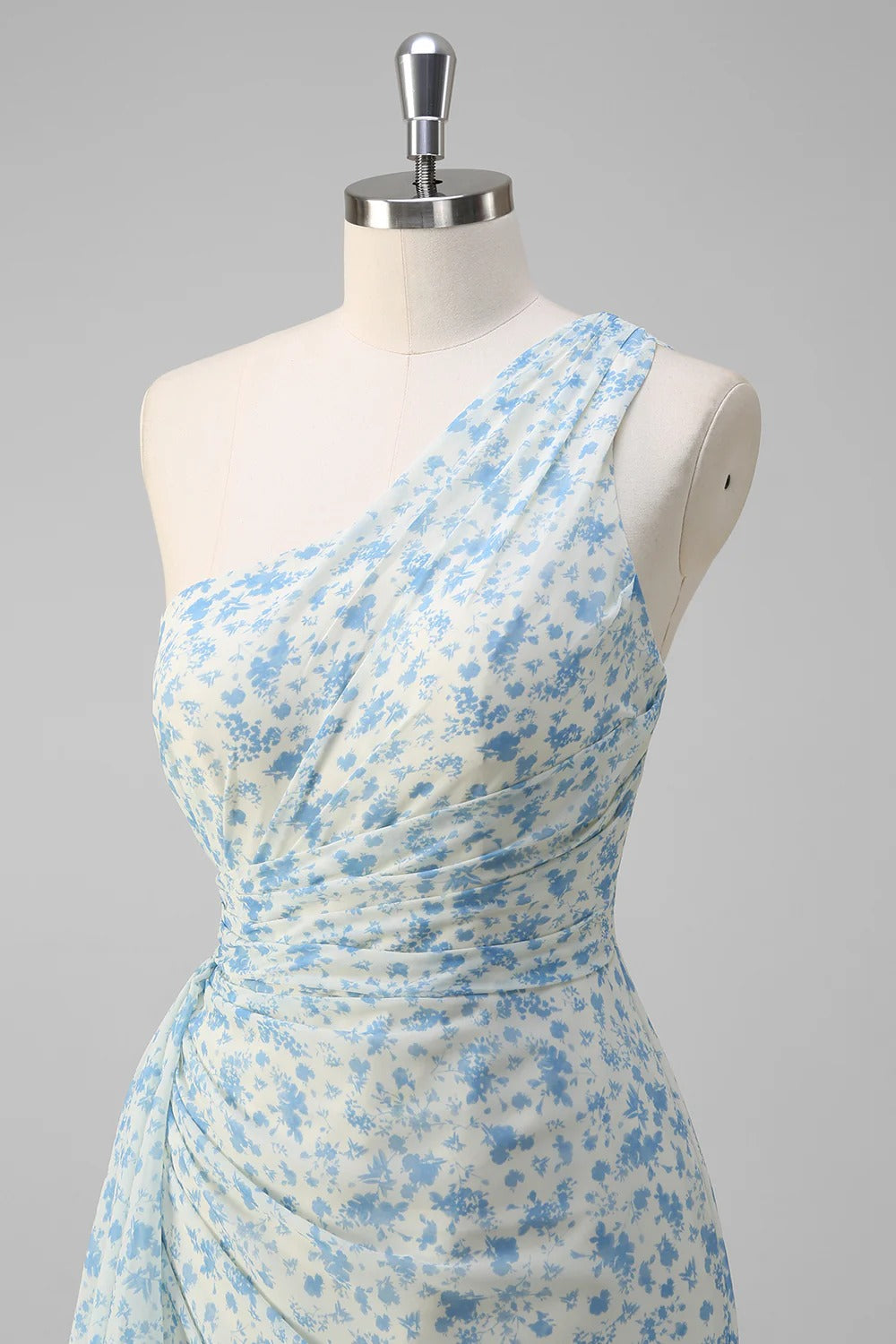 Light Blue Floral One-Shoulder Ruffled Maxi Dress with High Slit