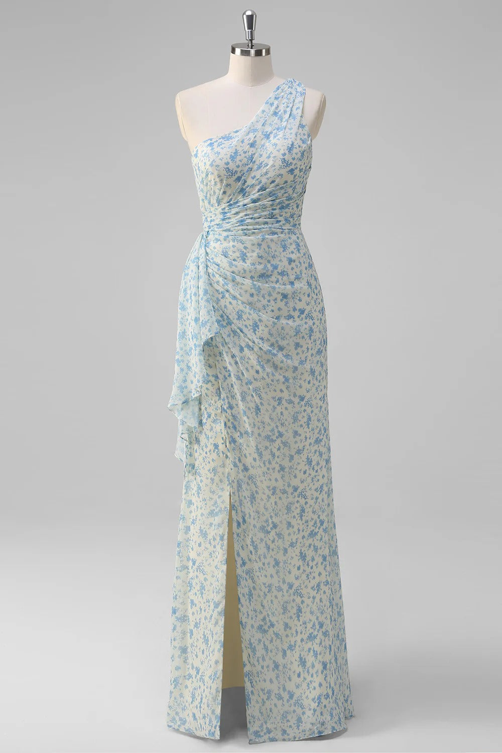 Light Blue Floral One-Shoulder Ruffled Maxi Dress with High Slit
