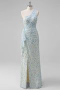 Blue Chiffon One Shoulder A-Line Floor-Length Dress with Ruched Bodice