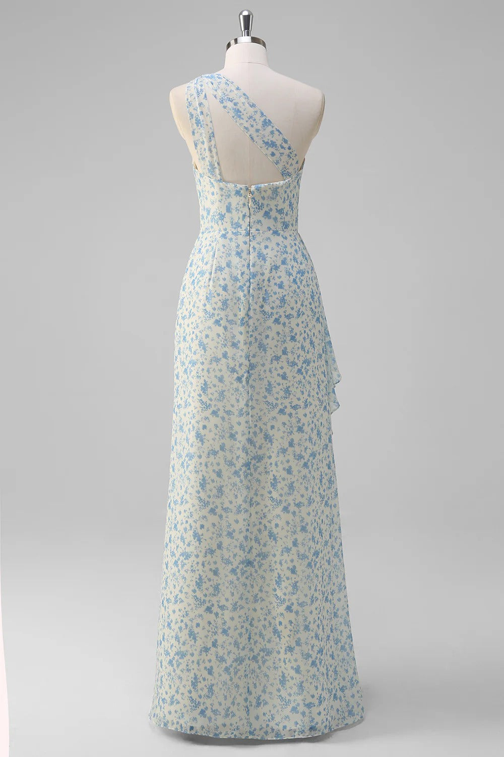 Light Blue Floral One-Shoulder Ruffled Maxi Dress with High Slit