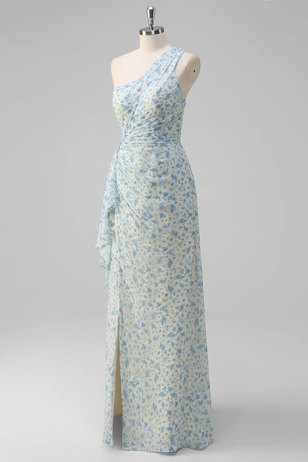 Light Blue Floral One-Shoulder Ruffled Maxi Dress with High Slit