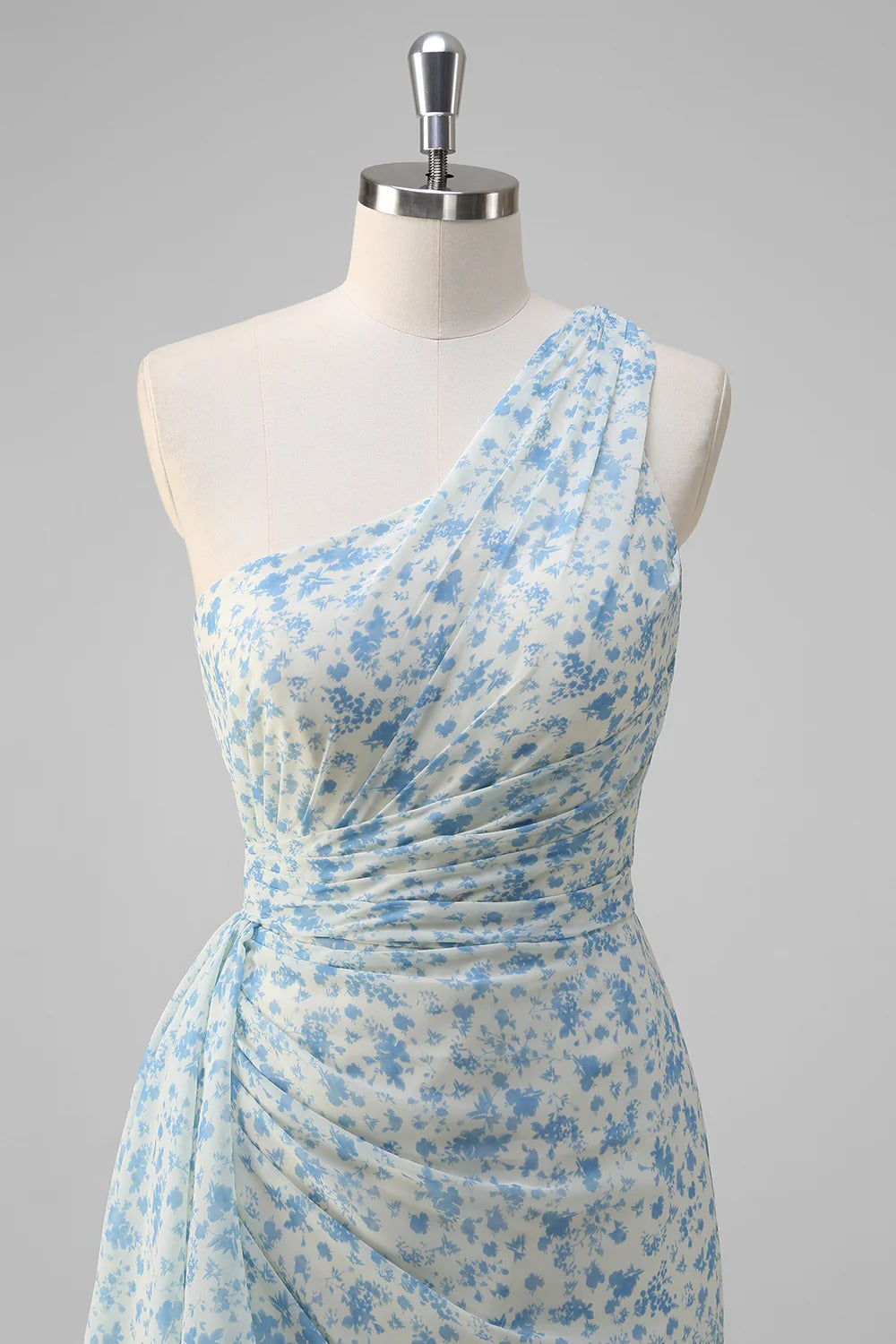Light Blue Floral One-Shoulder Ruffled Maxi Dress with High Slit