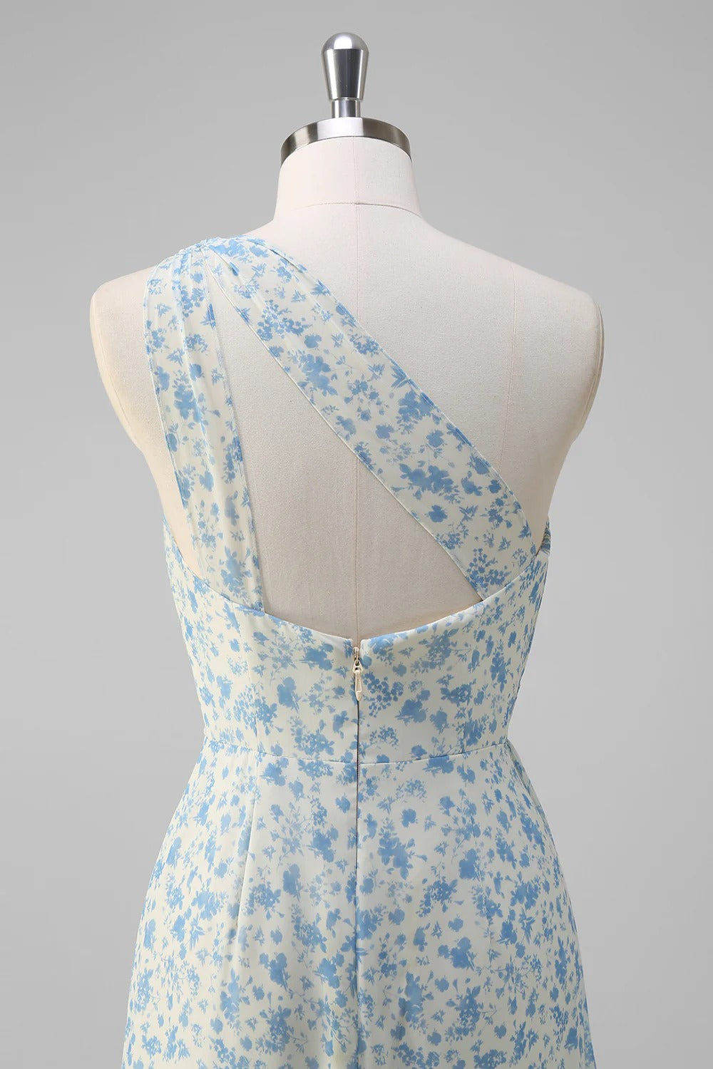 Light Blue Floral One-Shoulder Ruffled Maxi Dress with High Slit