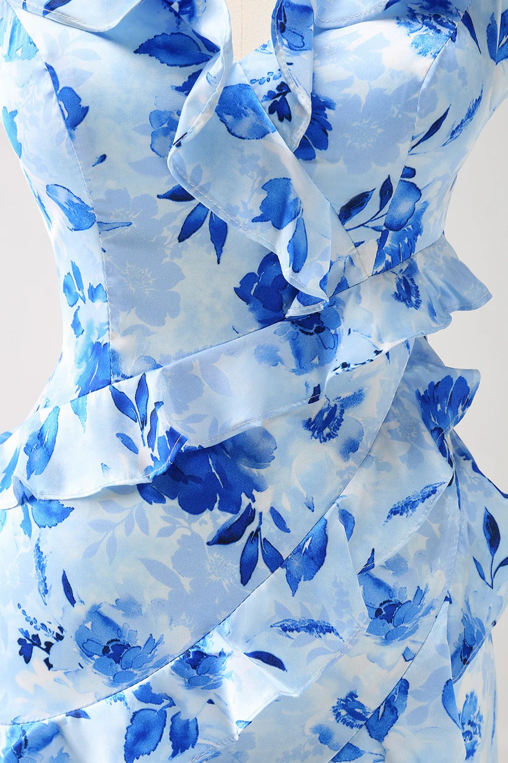 Light Blue Floral Ruffled Maxi Dress with Lace-Up Back and Thigh-High Slit