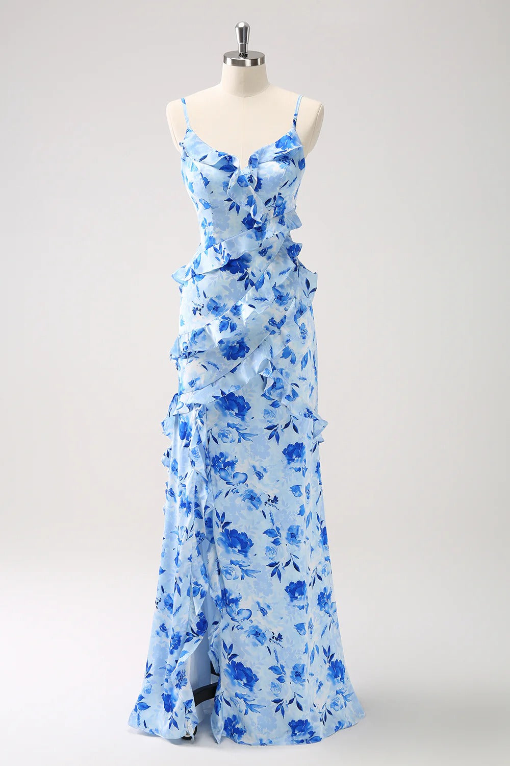 Light Blue Floral Ruffled Maxi Dress with Lace-Up Back and Thigh-High Slit