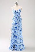 Blue Chiffon A-Line Floor-Length Bridesmaid Dress with Cascading Ruffles & High Slit