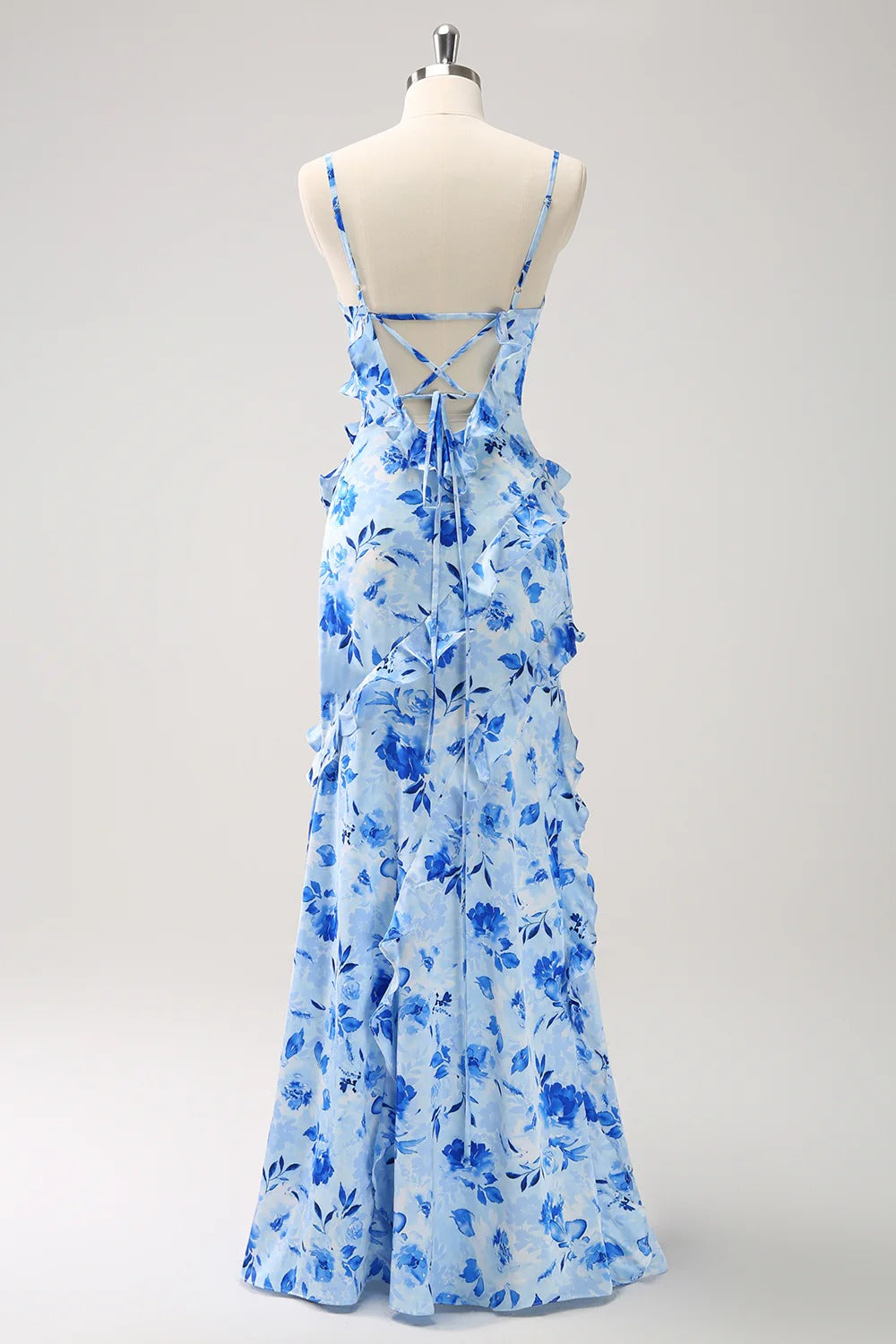 Blue Chiffon A-Line Floor-Length Bridesmaid Dress with Cascading Ruffles & High Slit