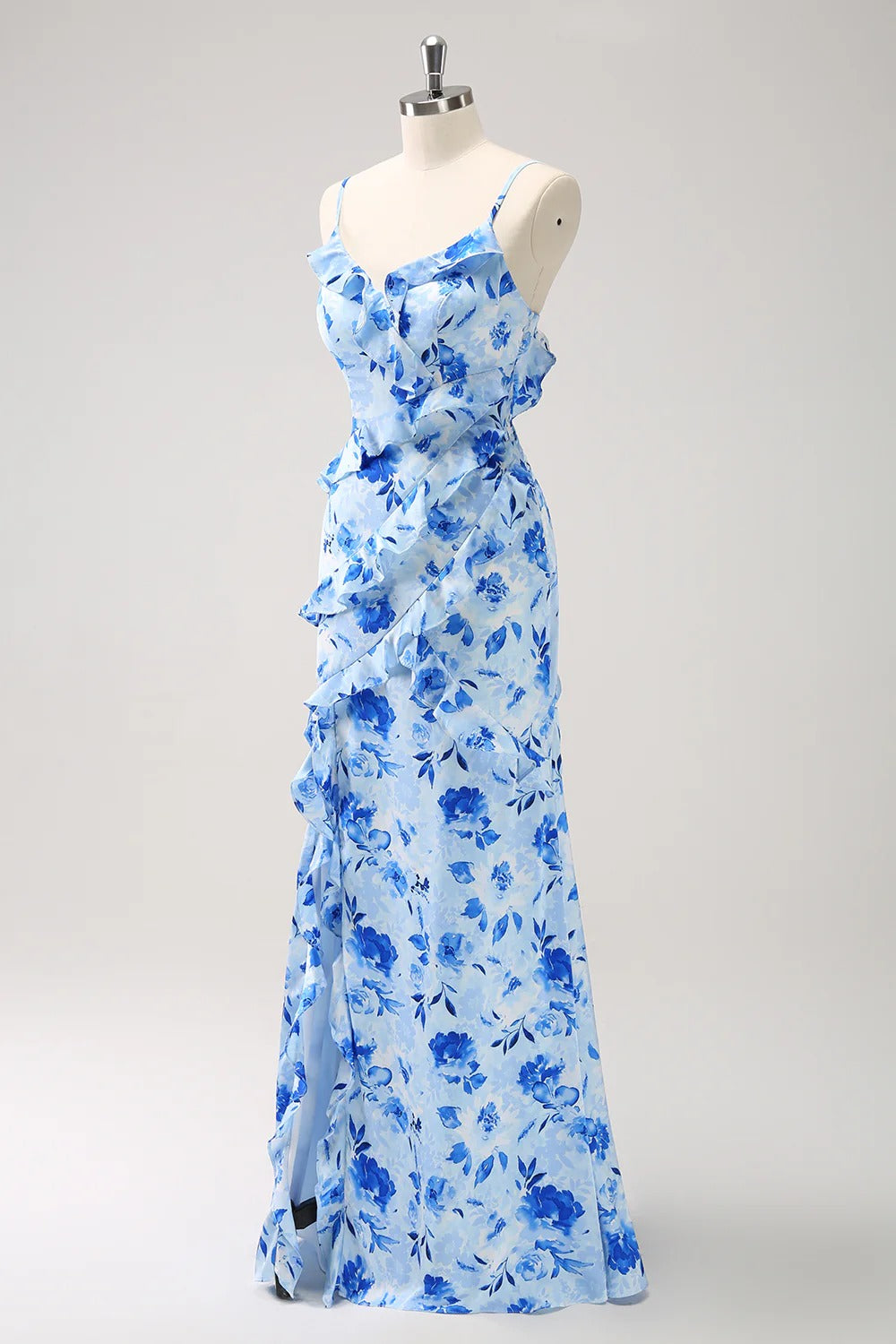 Light Blue Floral Ruffled Maxi Dress with Lace-Up Back and Thigh-High Slit