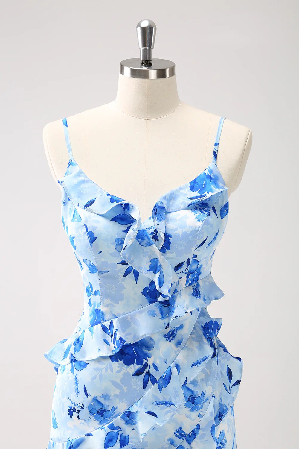 Light Blue Floral Ruffled Maxi Dress with Lace-Up Back and Thigh-High Slit