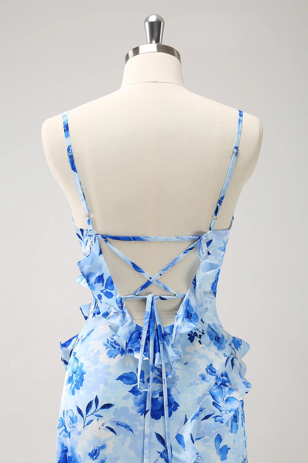 Blue Chiffon A-Line Floor-Length Bridesmaid Dress with Cascading Ruffles & High Slit