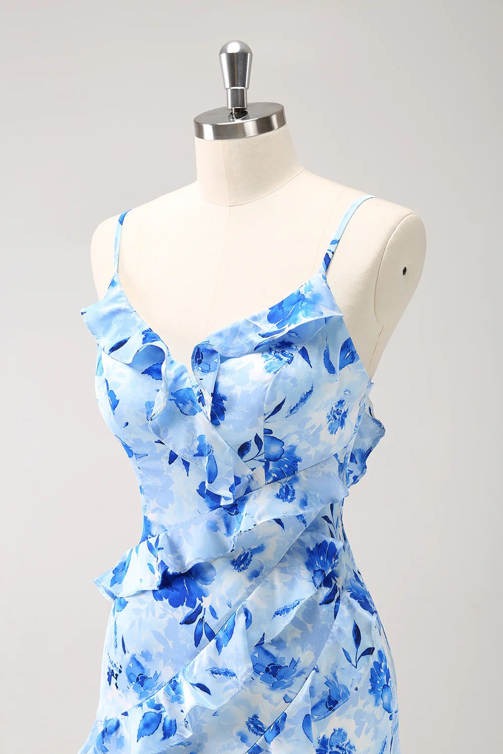 Light Blue Floral Ruffled Maxi Dress with Lace-Up Back and Thigh-High Slit