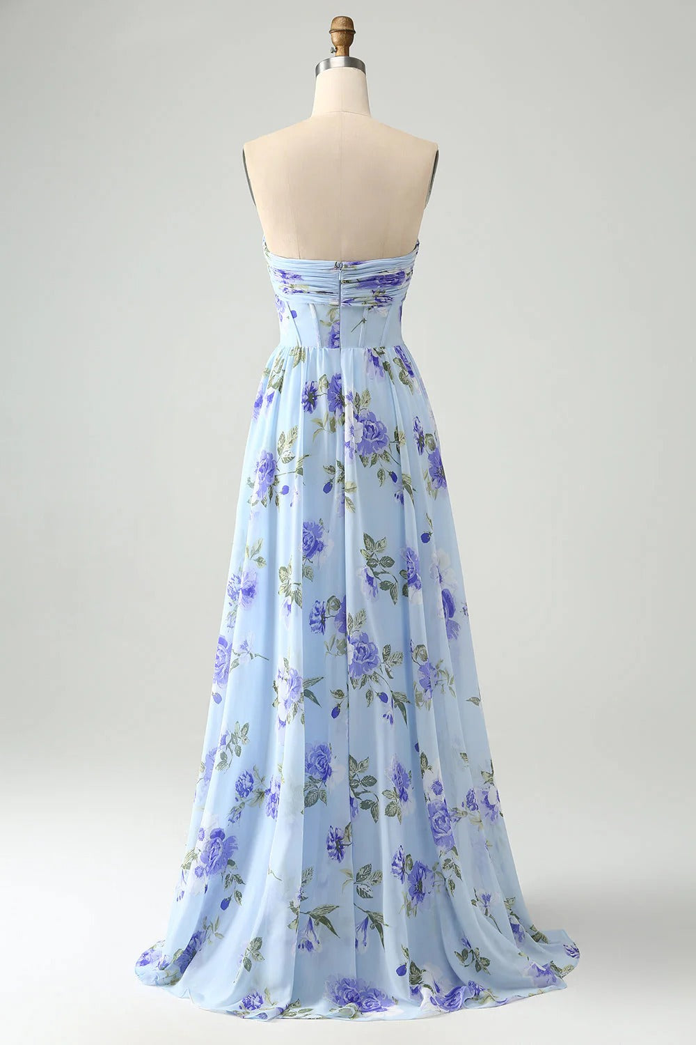 Light Blue Floral Strapless Chiffon Gown with Corset Bodice