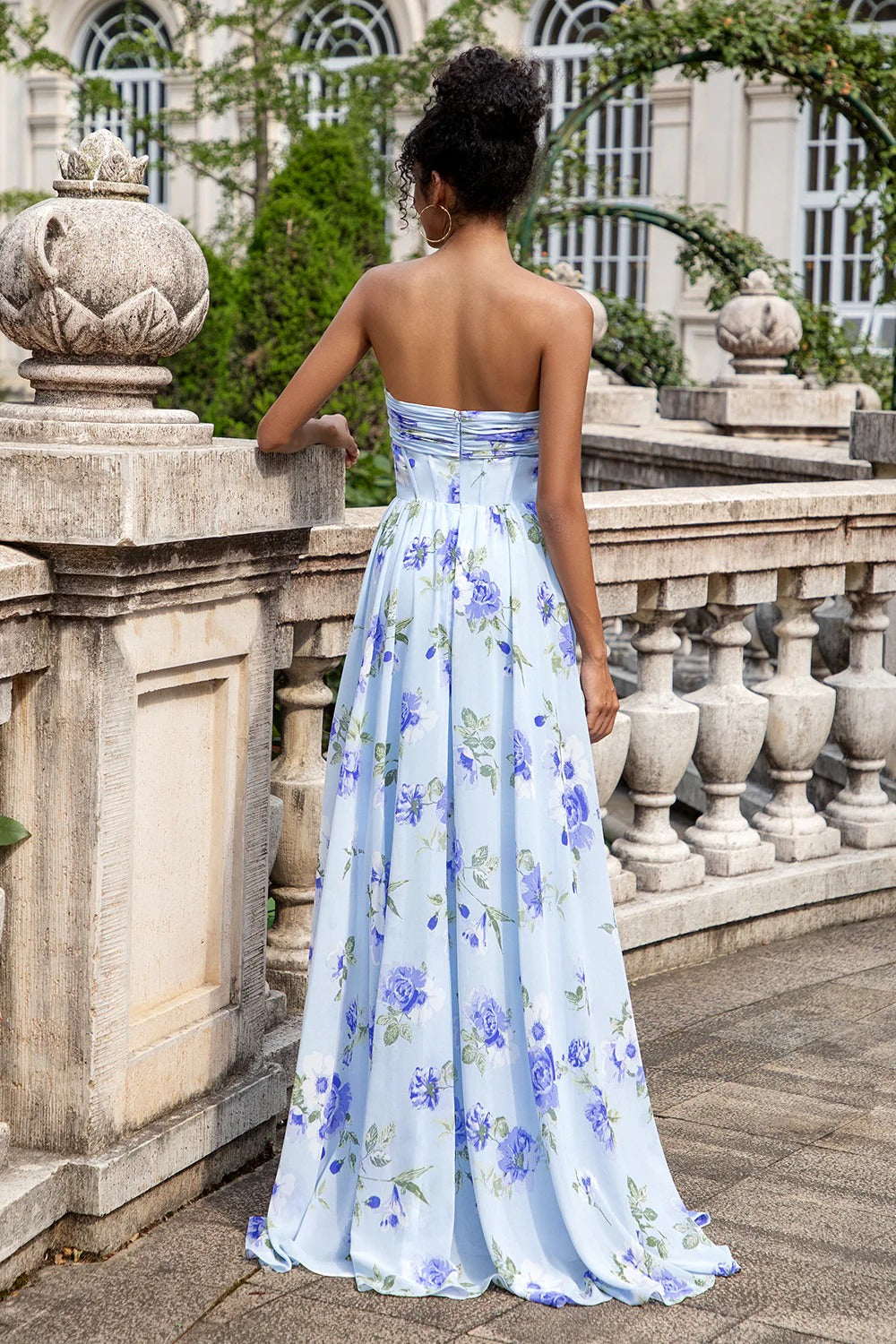 Light Blue Floral Strapless Chiffon Gown with Corset Bodice
