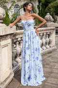 Sky Blue Chiffon Sweetheart A-Line Floor-Length Bridesmaid Dress with Floral Print