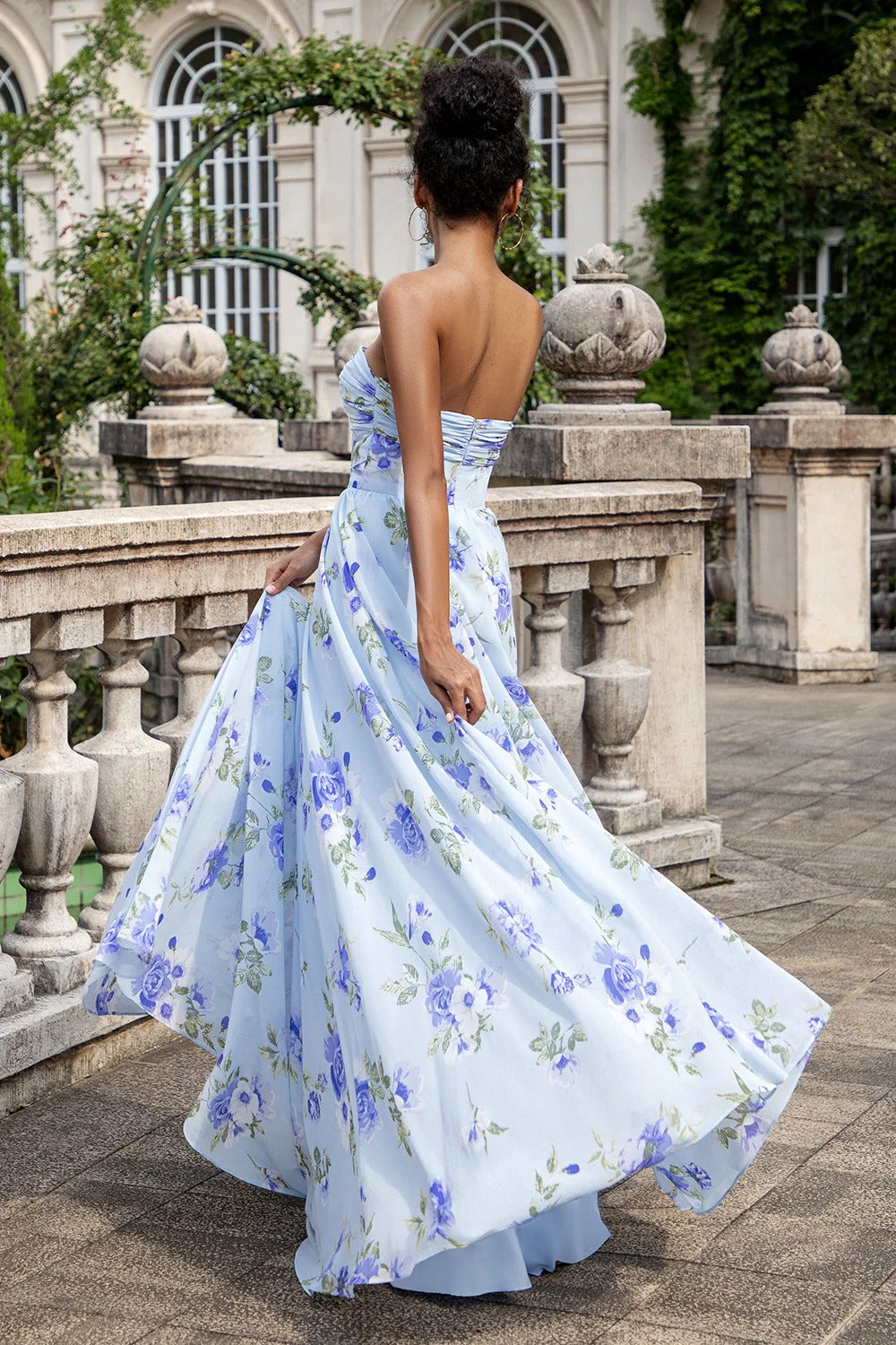 Light Blue Floral Strapless Chiffon Gown with Corset Bodice