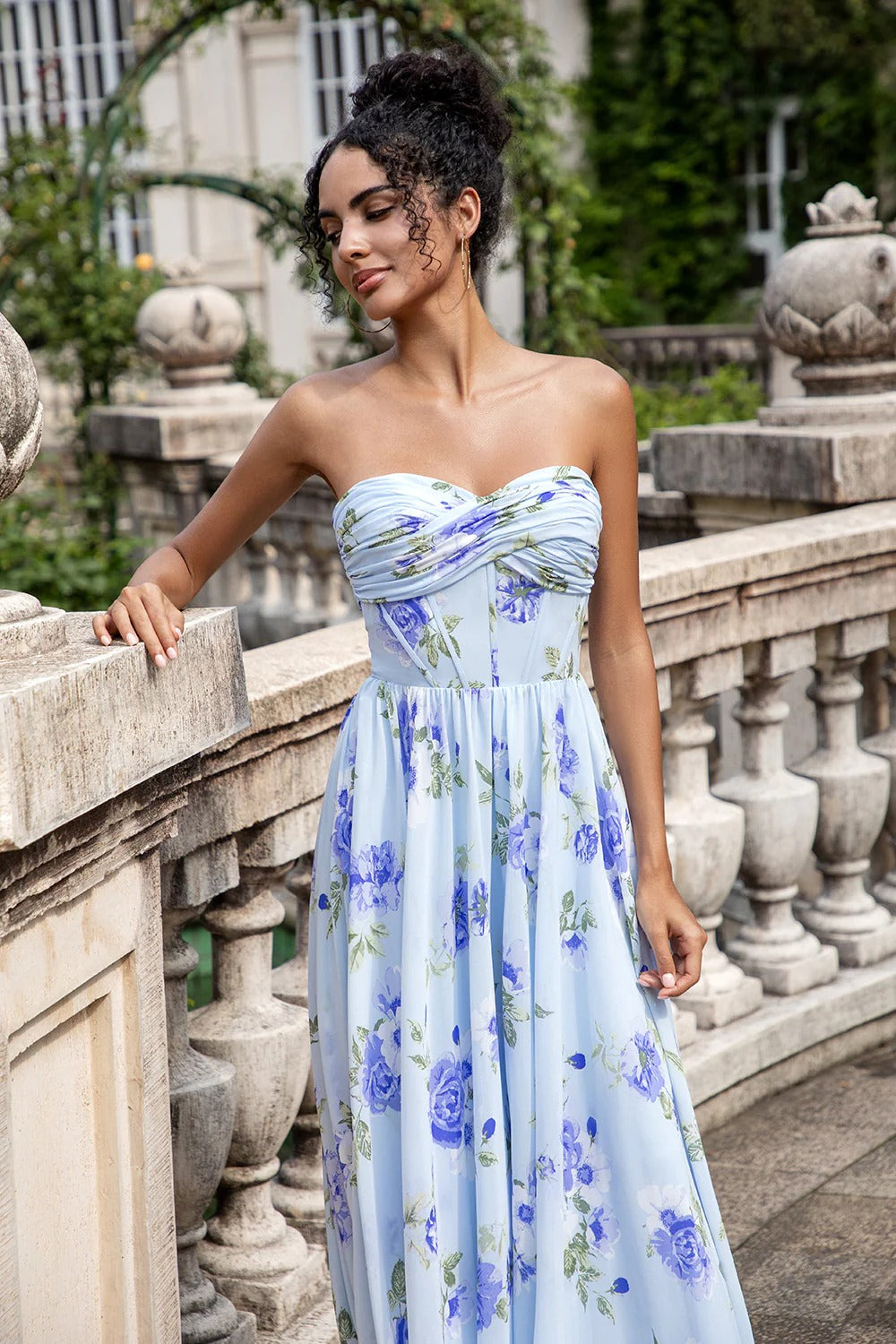 Light Blue Floral Strapless Chiffon Gown with Corset Bodice
