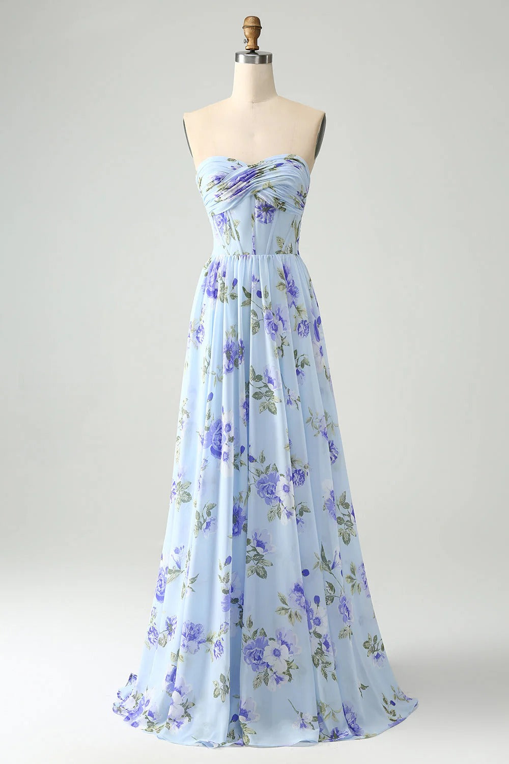 Light Blue Floral Strapless Chiffon Gown with Corset Bodice