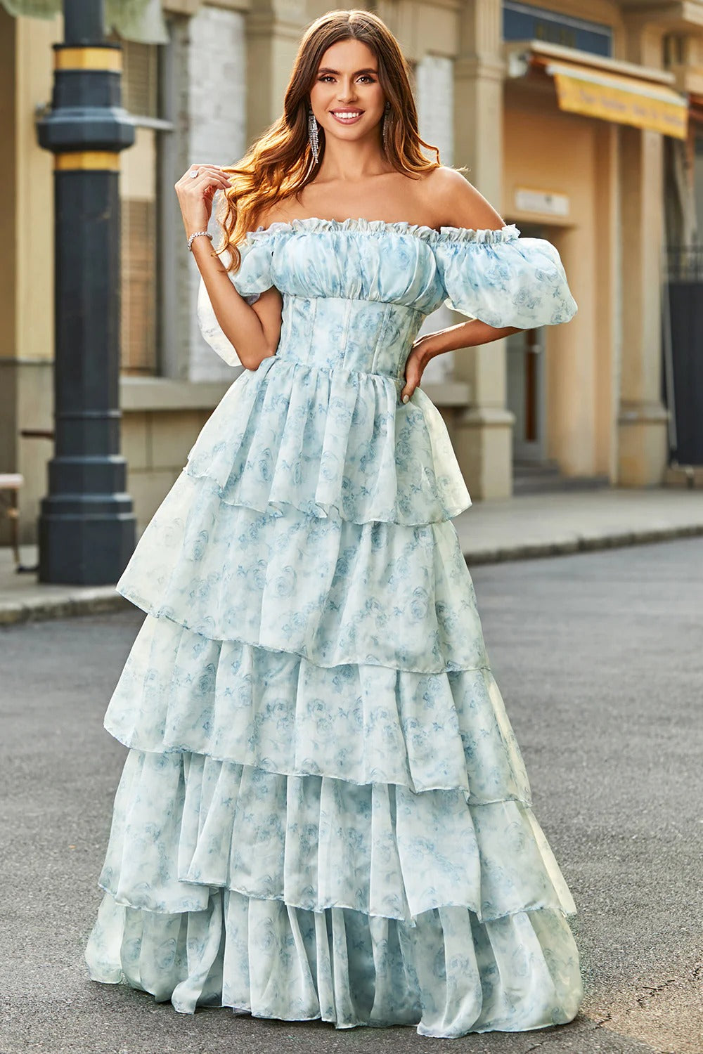 Light Blue Floral Tiered Organza Gown – Off-the-Shoulder Puff Sleeve Prom Dress with Ruffle Skirt