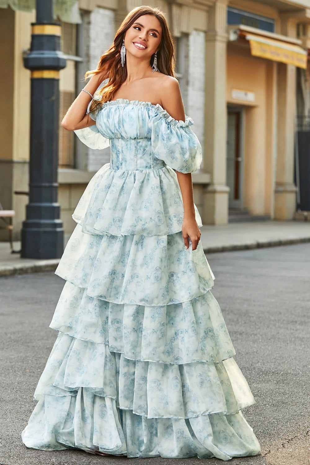 Light Blue Floral Tiered Organza Gown – Off-the-Shoulder Puff Sleeve Prom Dress with Ruffle Skirt