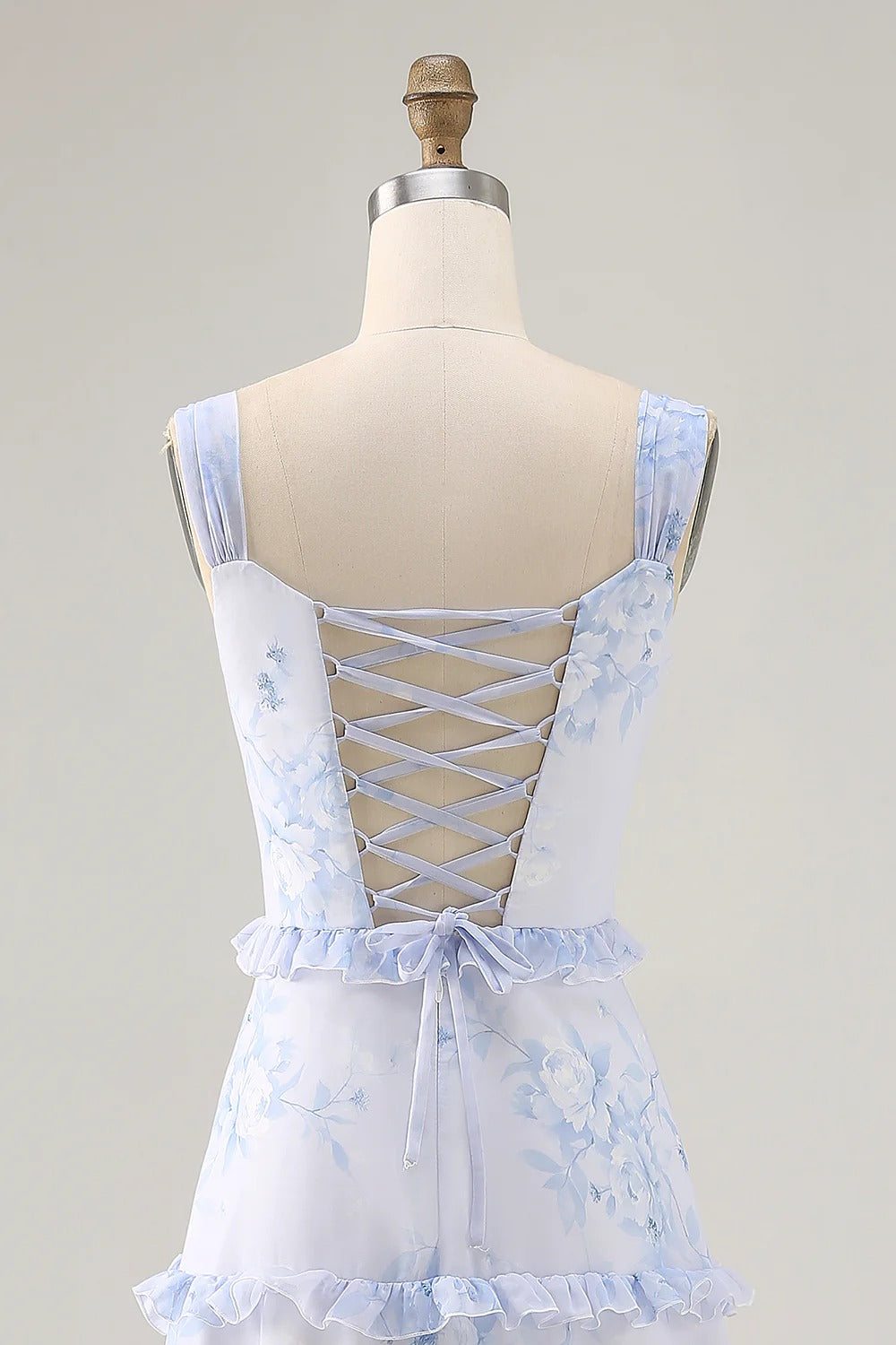 Light Blue Floral Tiered Ruffled Chiffon Maxi Dress with Lace-Up Back