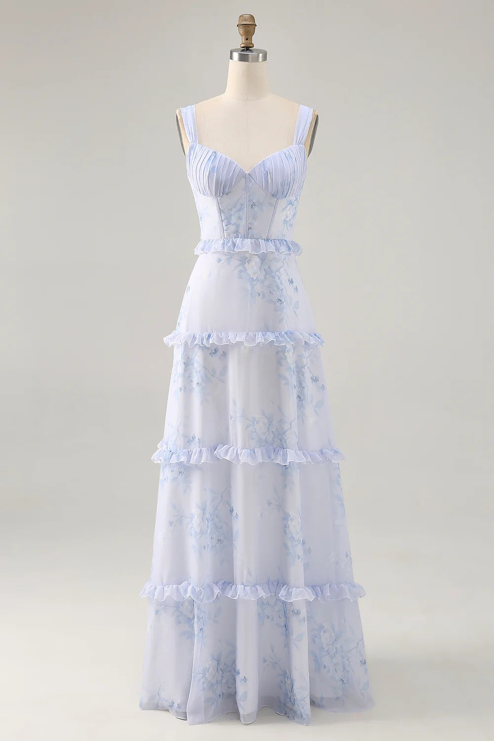Light Blue Floral Tiered Ruffled Chiffon Maxi Dress with Lace-Up Back