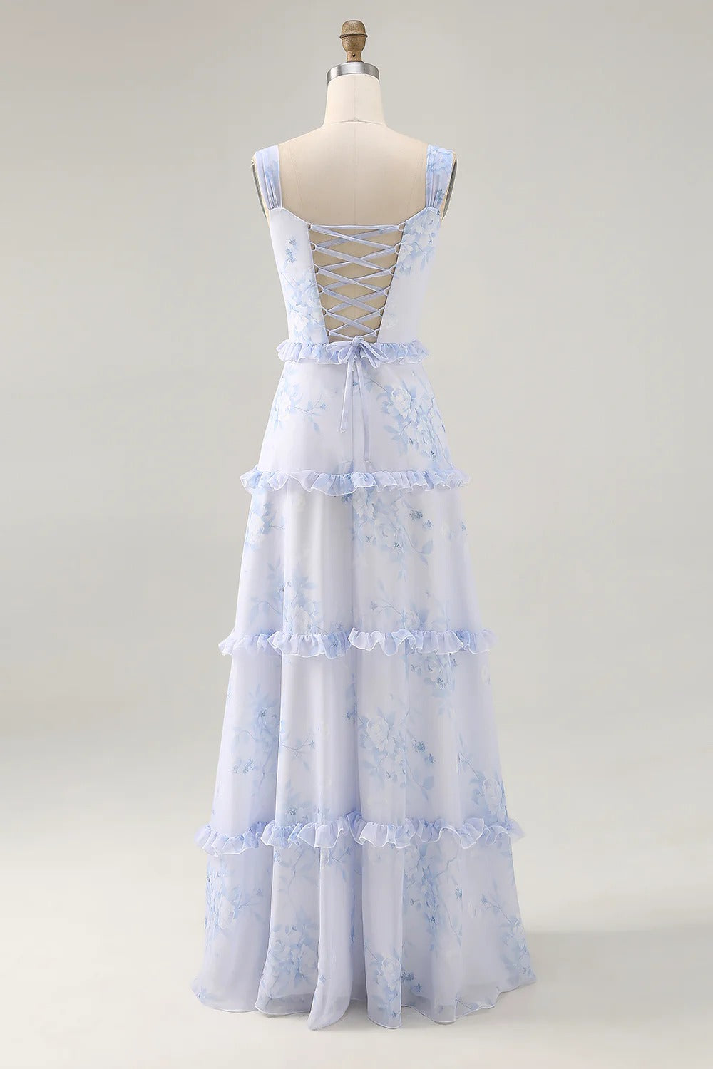 Light Blue Floral Tiered Ruffled Chiffon Maxi Dress with Lace-Up Back