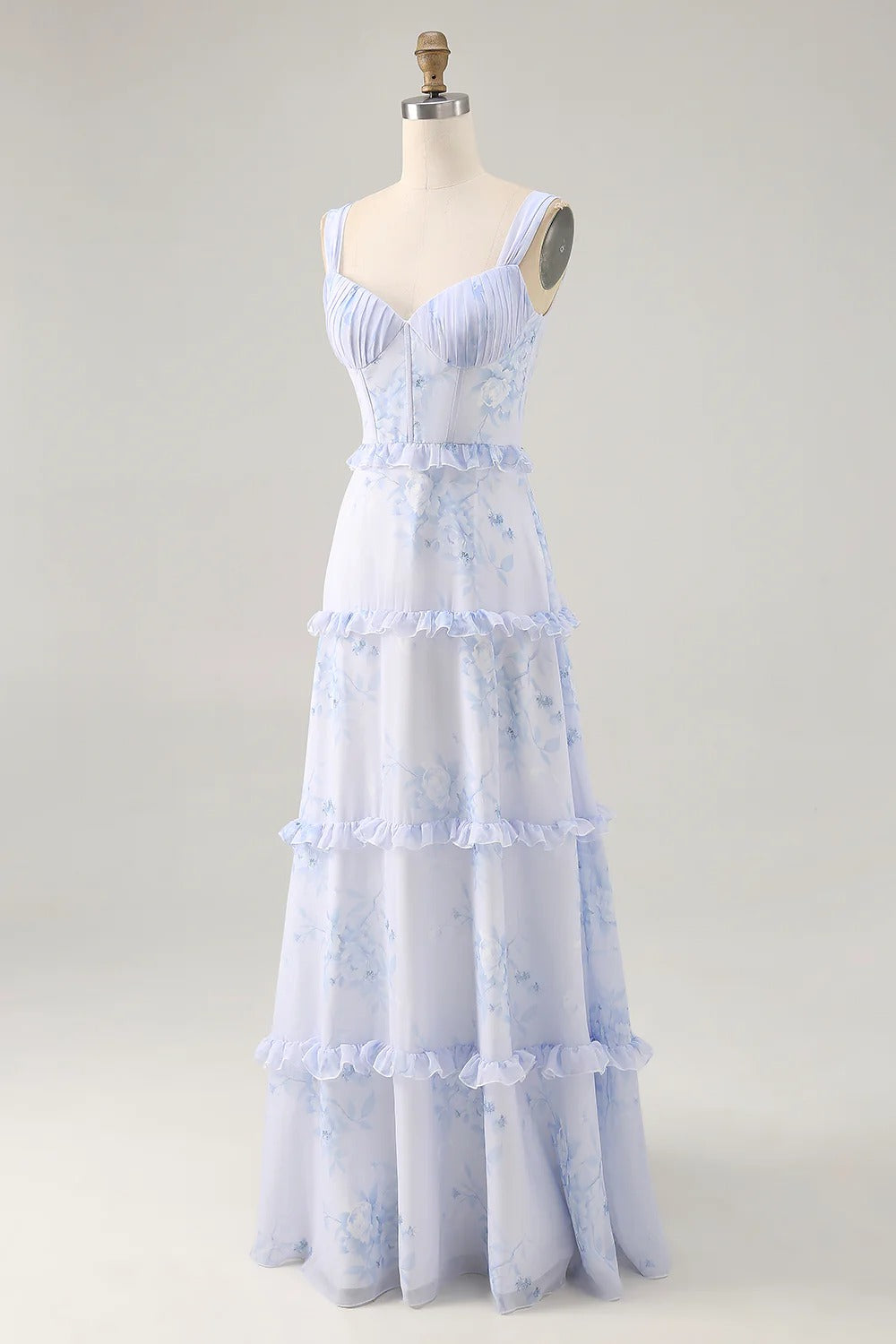 Light Blue Floral Tiered Ruffled Chiffon Maxi Dress with Lace-Up Back