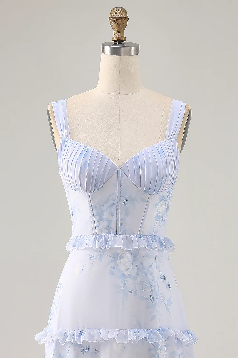 Light Blue Floral Tiered Ruffled Chiffon Maxi Dress with Lace-Up Back