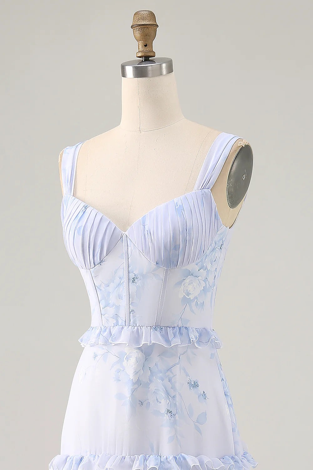 Light Blue Floral Tiered Ruffled Chiffon Maxi Dress with Lace-Up Back