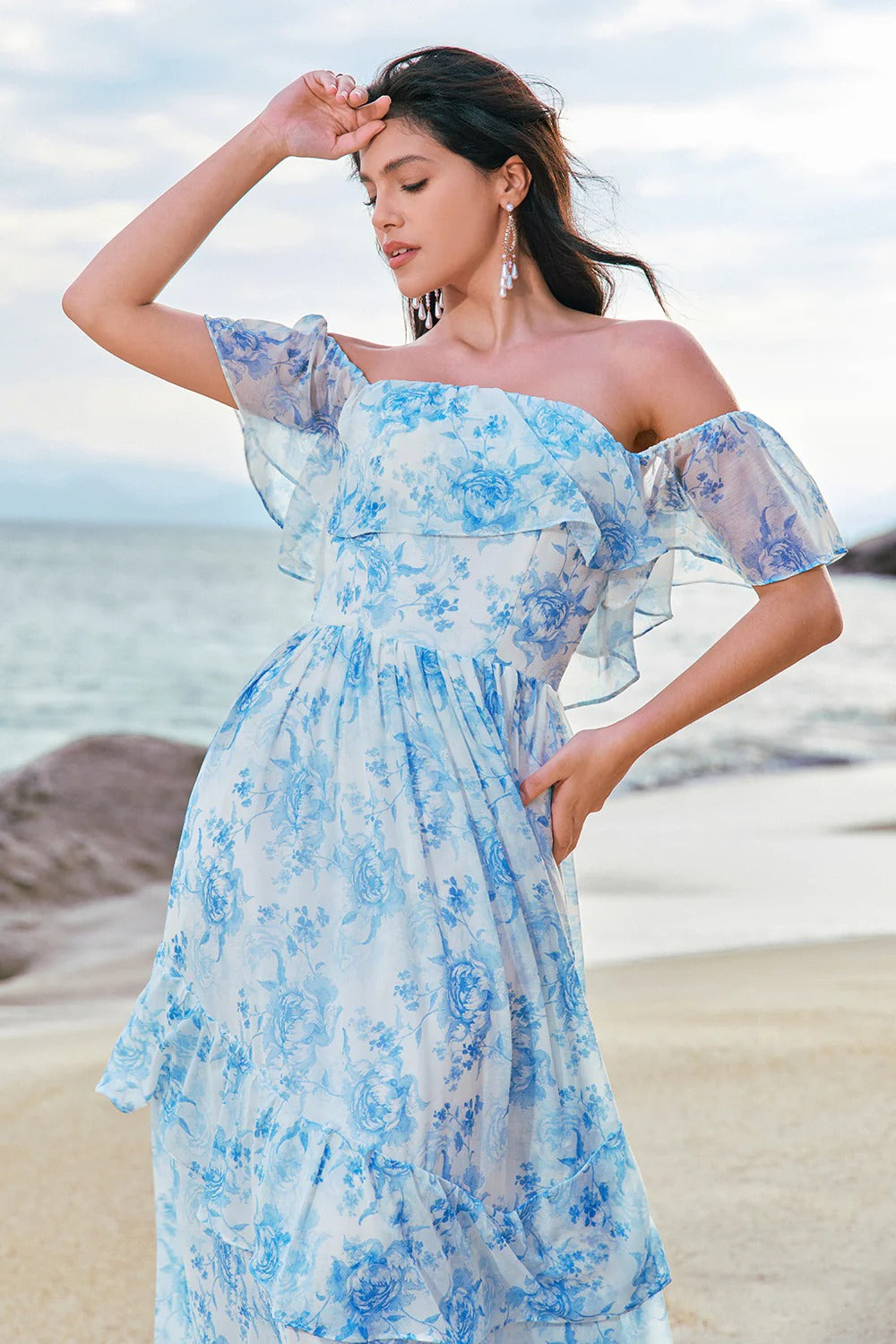 Light Blue Off-the-Shoulder Floral Chiffon Maxi Dress with Tiered Ruffles