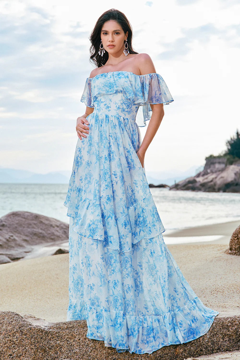 Light Blue Off-the-Shoulder Floral Chiffon Maxi Dress with Tiered Ruffles