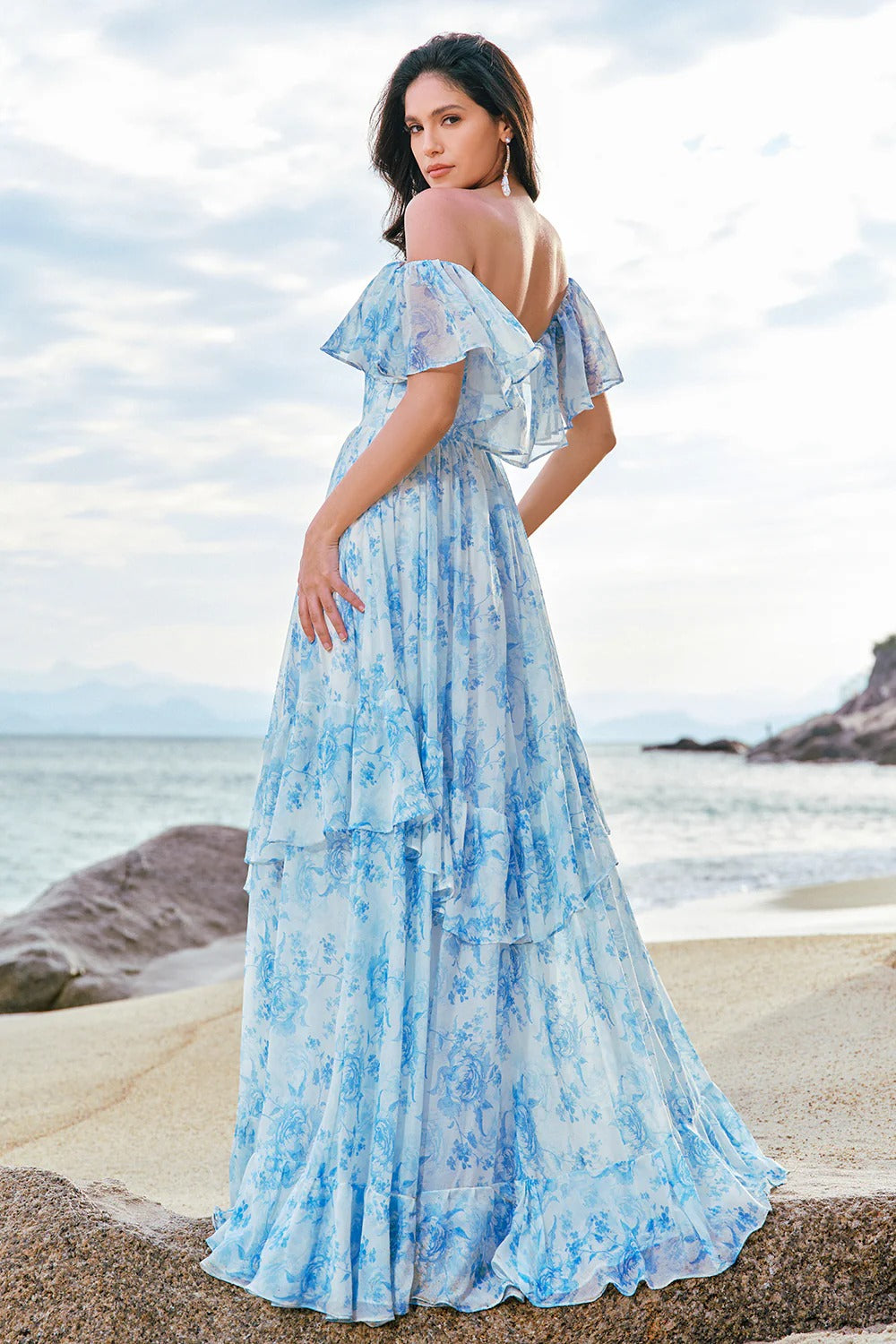 Light Blue Off-the-Shoulder Floral Chiffon Maxi Dress with Tiered Ruffles