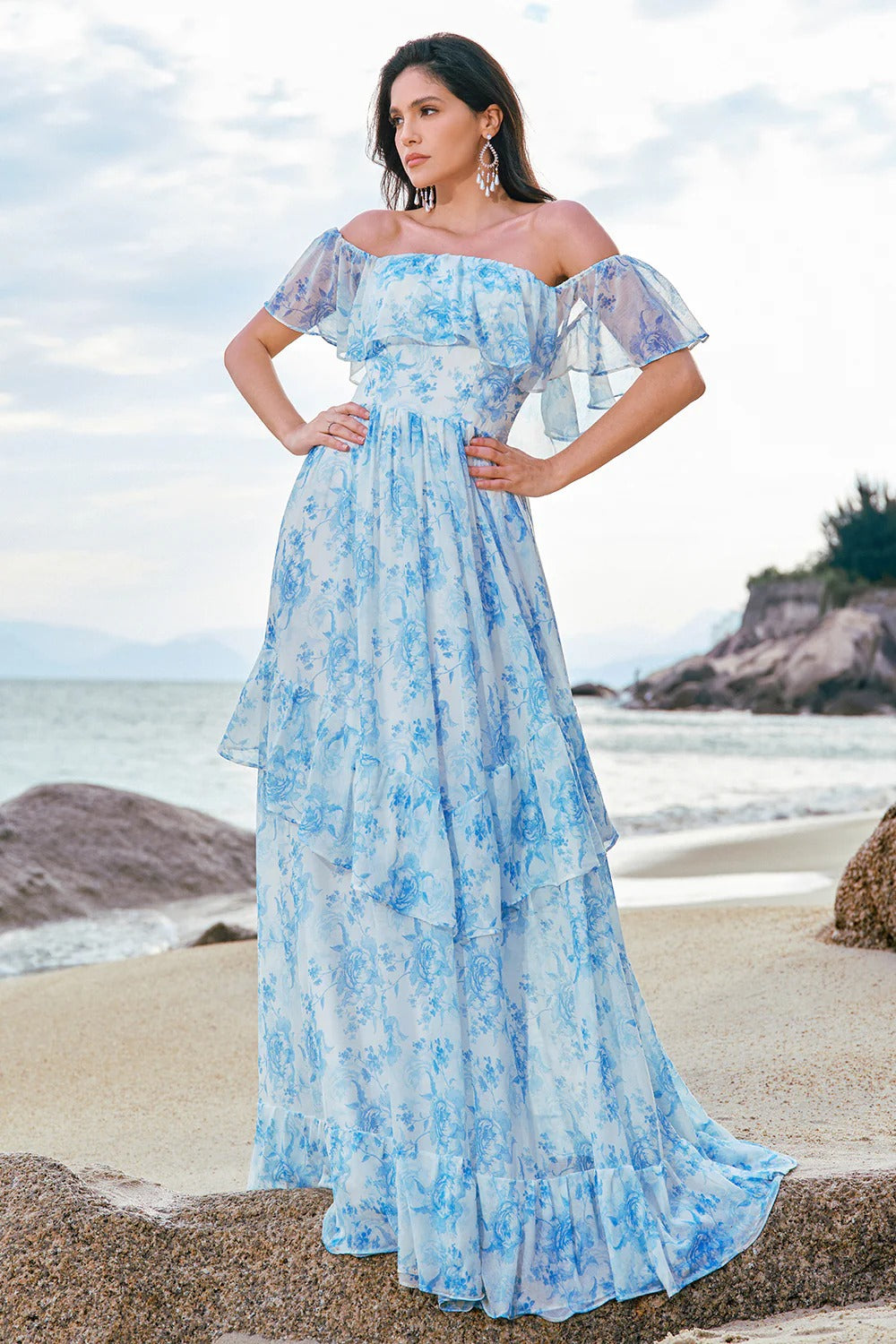 Light Blue Off-the-Shoulder Floral Chiffon Maxi Dress with Tiered Ruffles