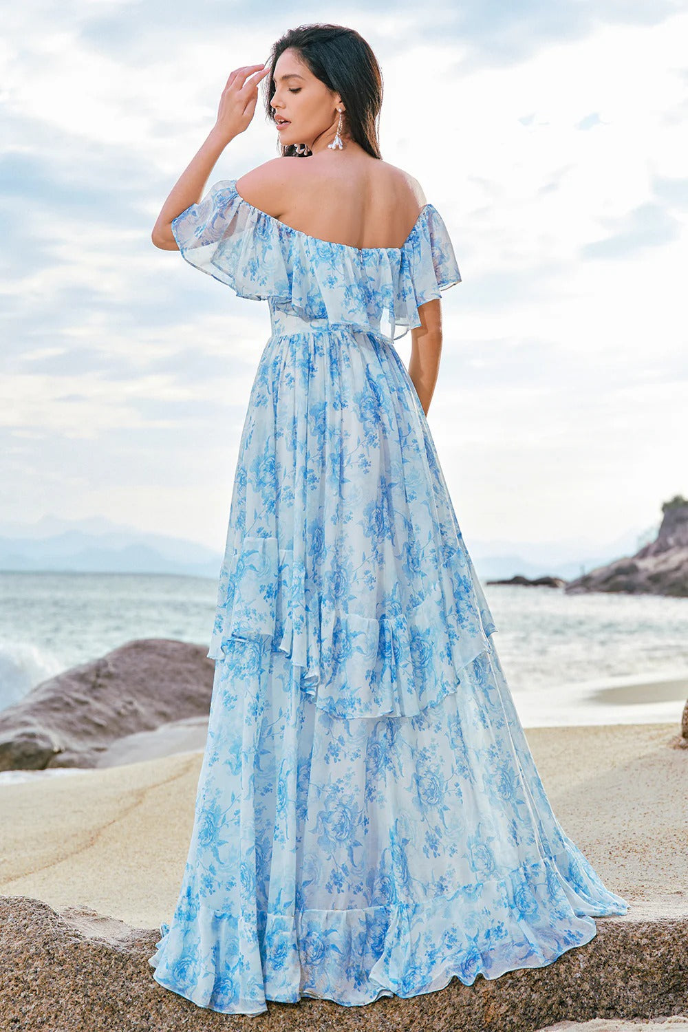 Light Blue Off-the-Shoulder Floral Chiffon Maxi Dress with Tiered Ruffles