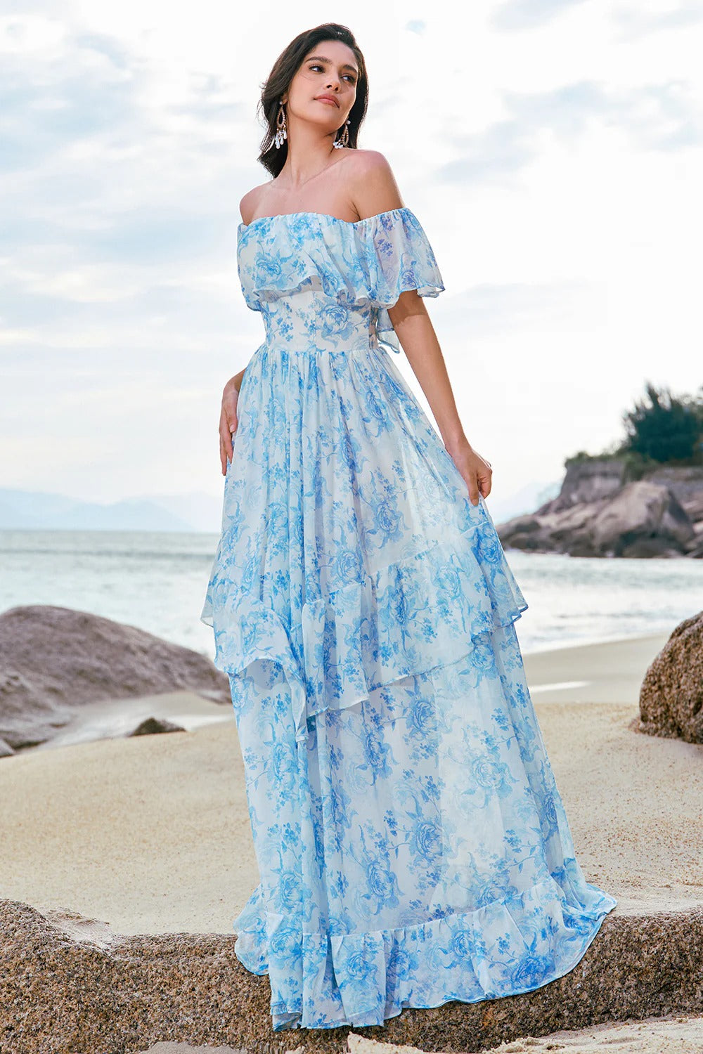 Light Blue Off-the-Shoulder Floral Chiffon Maxi Dress with Tiered Ruffles