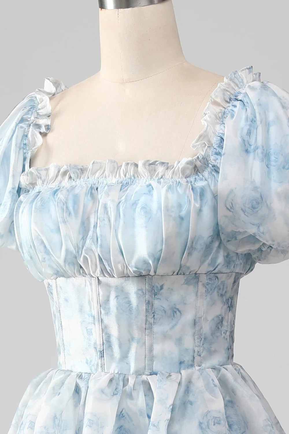 Light Blue Watercolor Ruffled Tulle Gown – Puff Sleeve Square Neck Prom Dress with Tiered Skirt
