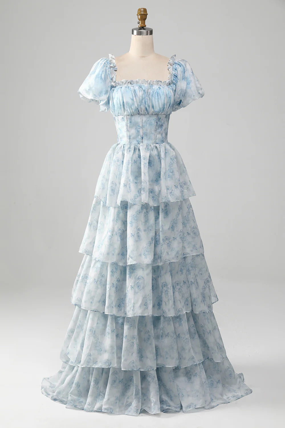Light Blue Watercolor Ruffled Tulle Gown – Puff Sleeve Square Neck Prom Dress with Tiered Skirt