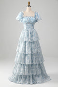 Blue Chiffon A-Line Floor-Length Dress with Square Neck & Tiered Skirt