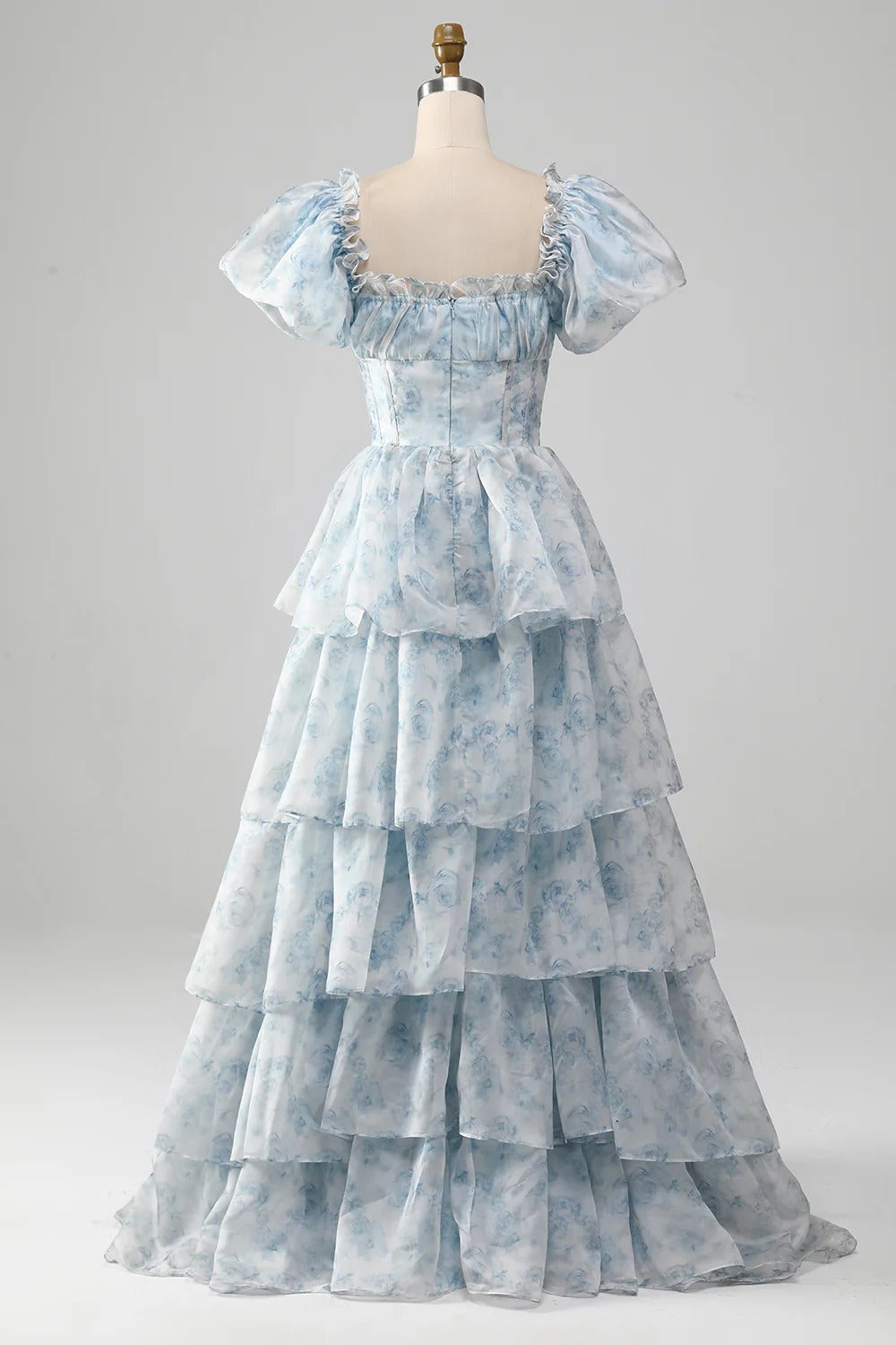 Light Blue Watercolor Ruffled Tulle Gown – Puff Sleeve Square Neck Prom Dress with Tiered Skirt