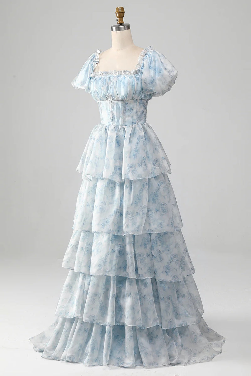 Light Blue Watercolor Ruffled Tulle Gown – Puff Sleeve Square Neck Pro ...