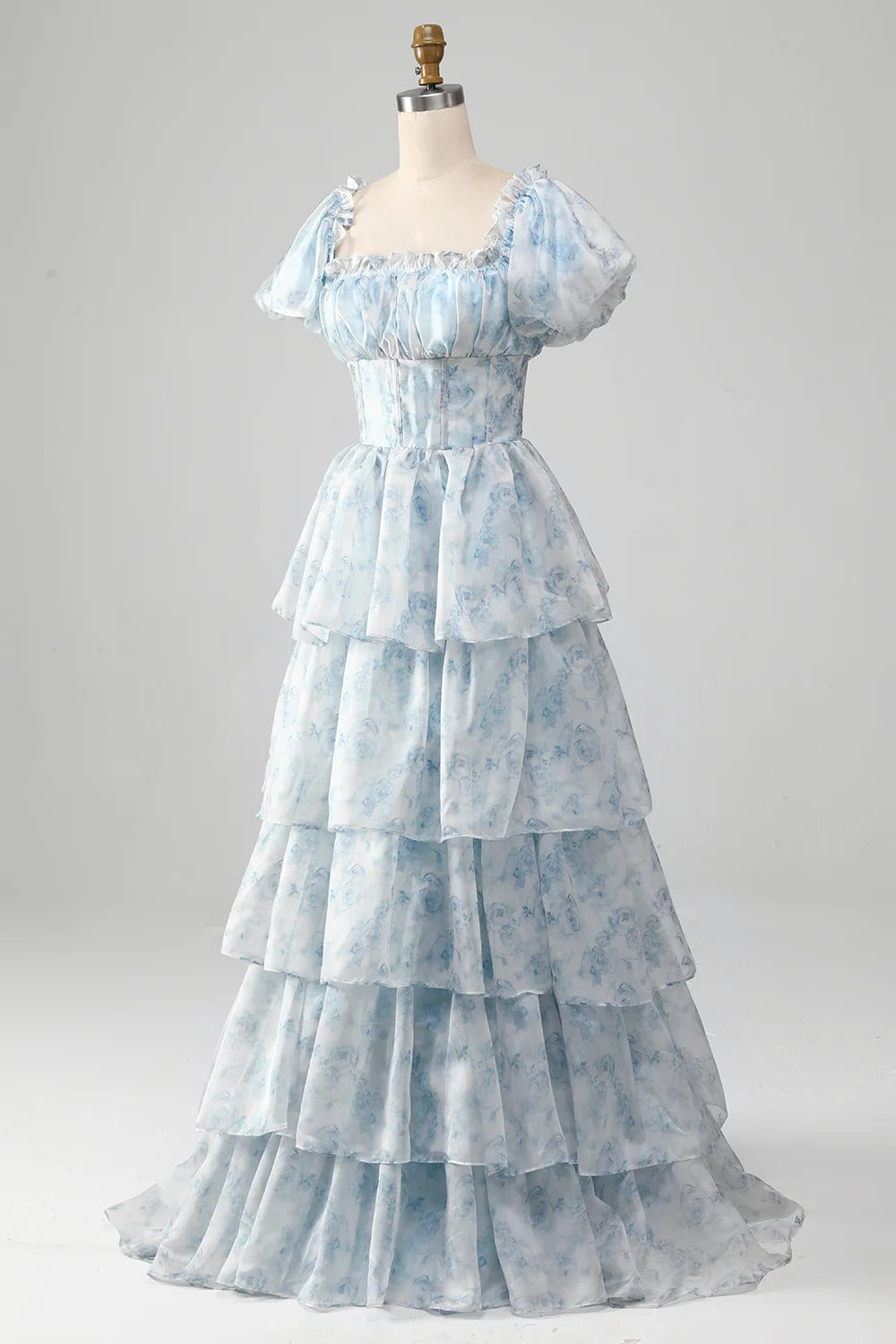 Light Blue Watercolor Ruffled Tulle Gown – Puff Sleeve Square Neck Prom Dress with Tiered Skirt