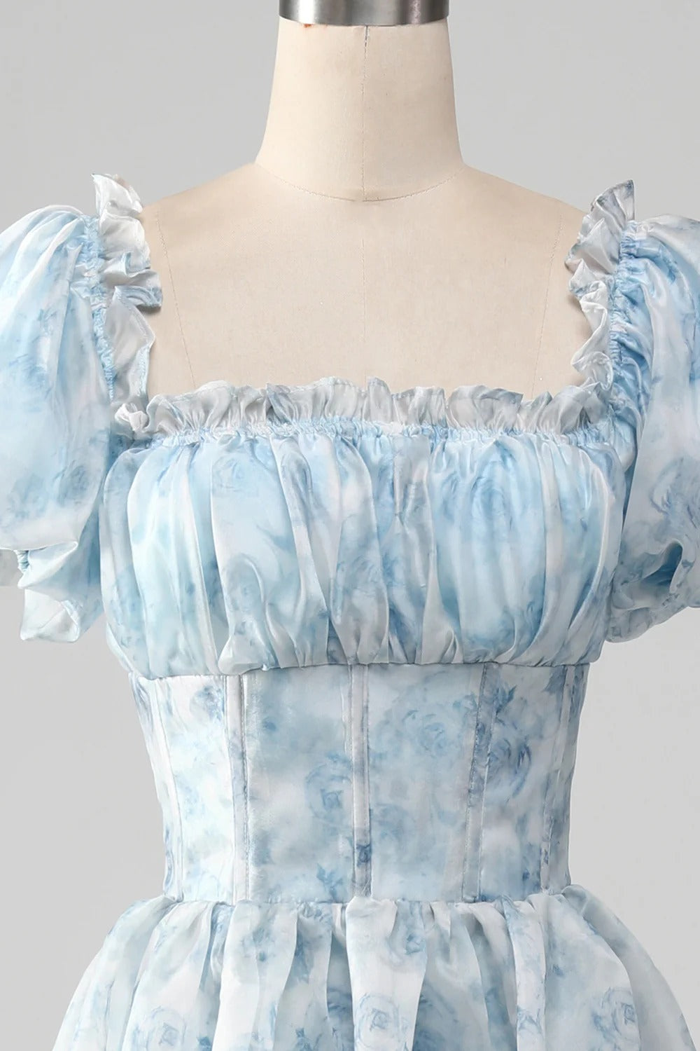 Light Blue Watercolor Ruffled Tulle Gown – Puff Sleeve Square Neck Prom Dress with Tiered Skirt