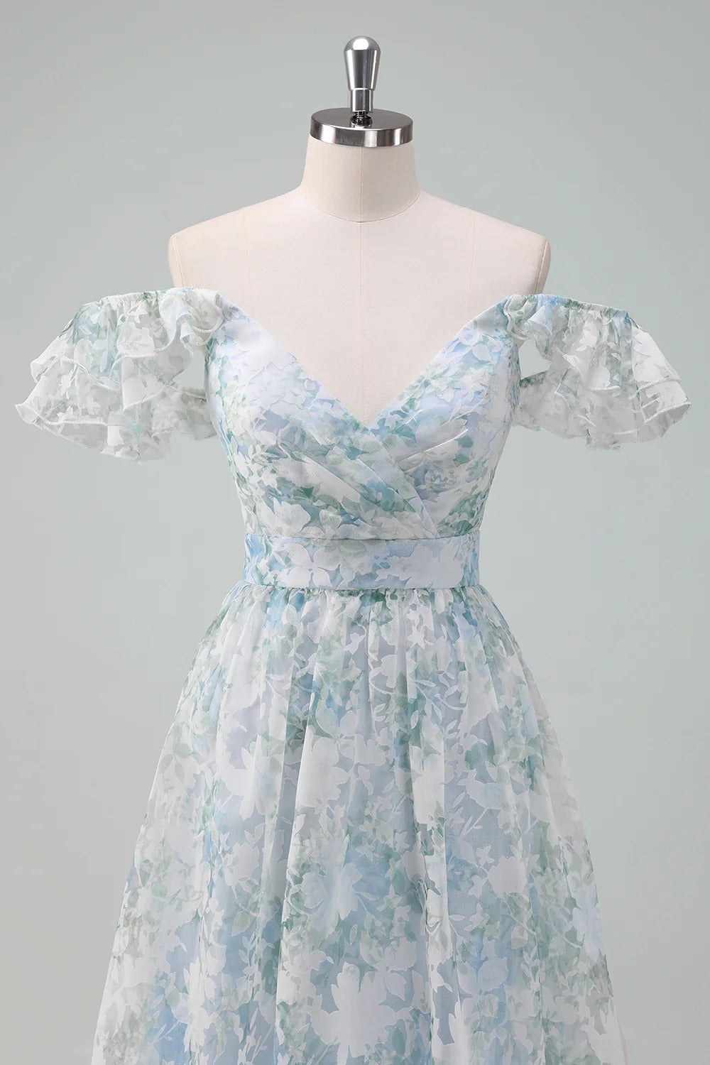Light Blue & Green Floral Tulle Maxi Dress with Ruffled Cap Sleeves