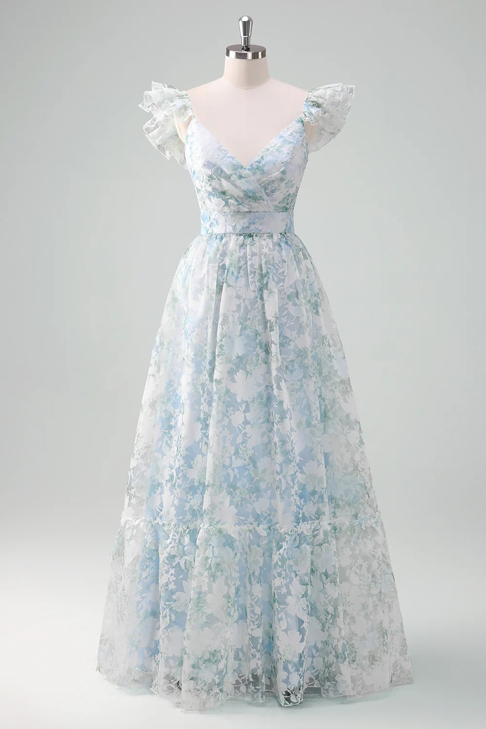 Light Blue & Green Floral Tulle Maxi Dress with Ruffled Cap Sleeves