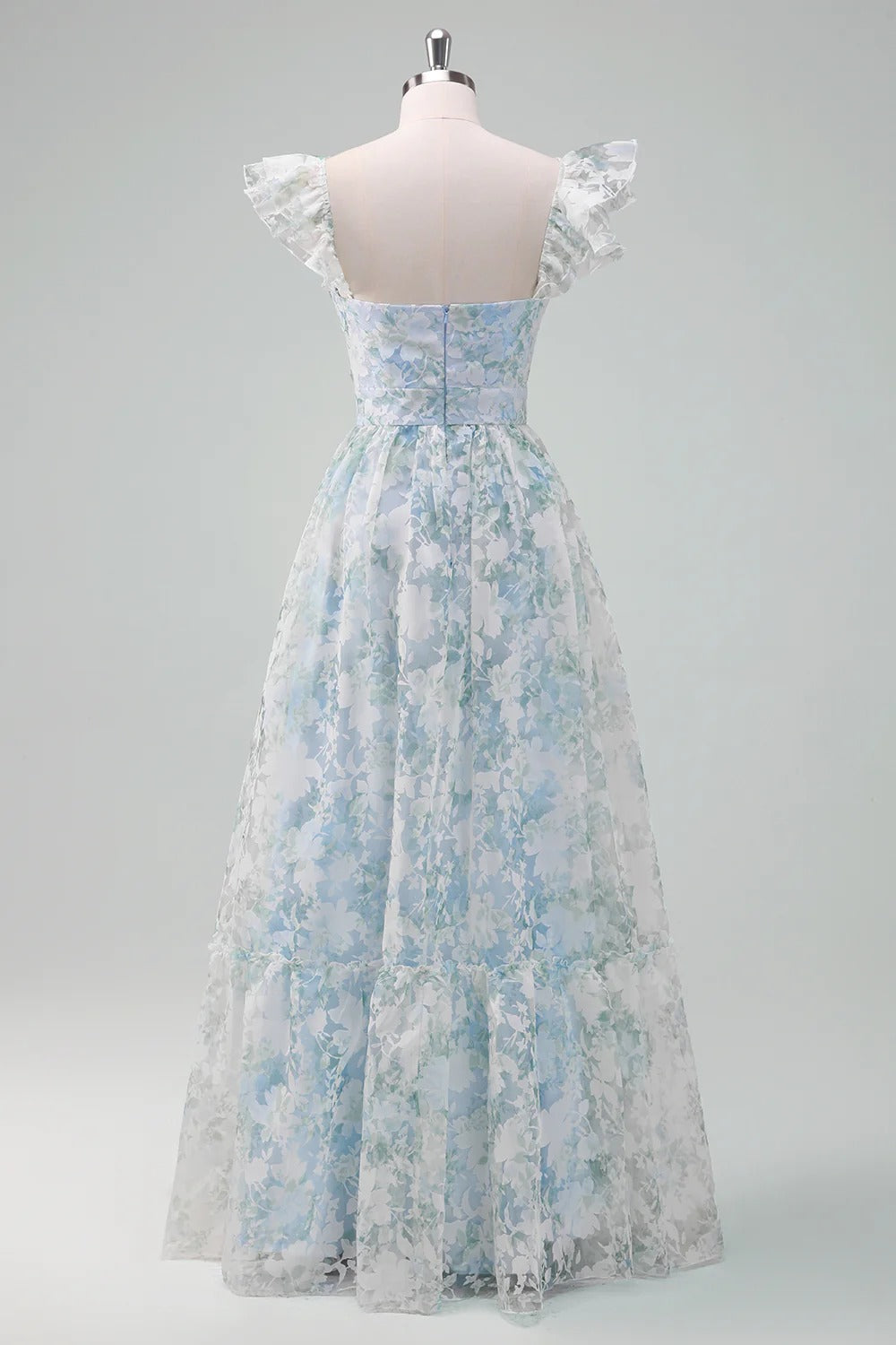Light Blue & Green Floral Tulle Maxi Dress with Ruffled Cap Sleeves