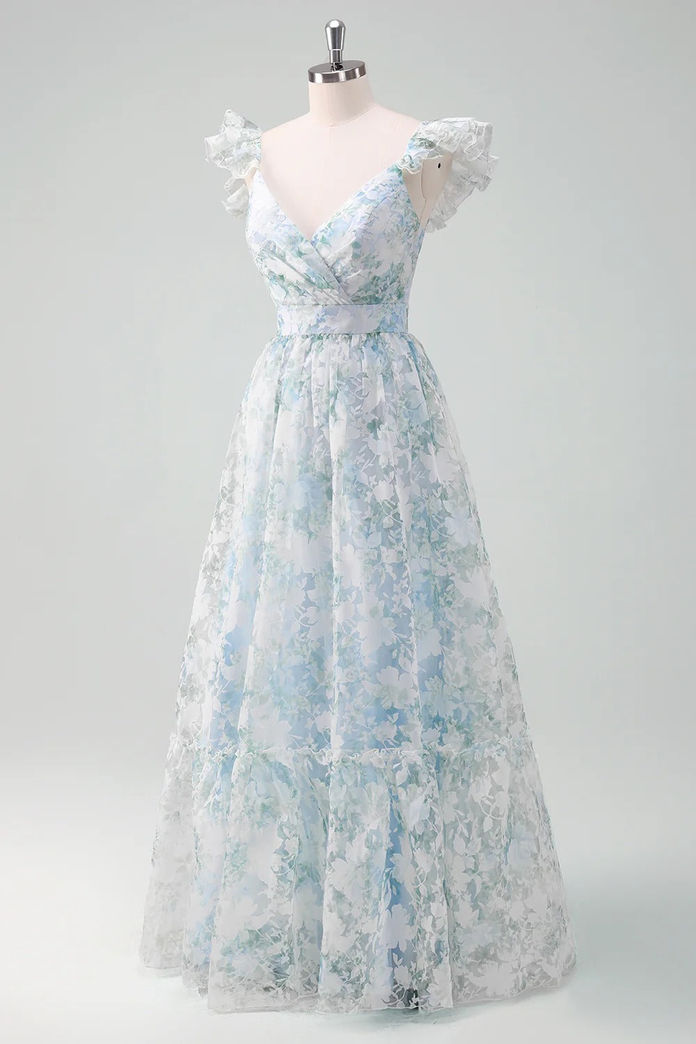 Light Blue & Green Floral Tulle Maxi Dress with Ruffled Cap Sleeves