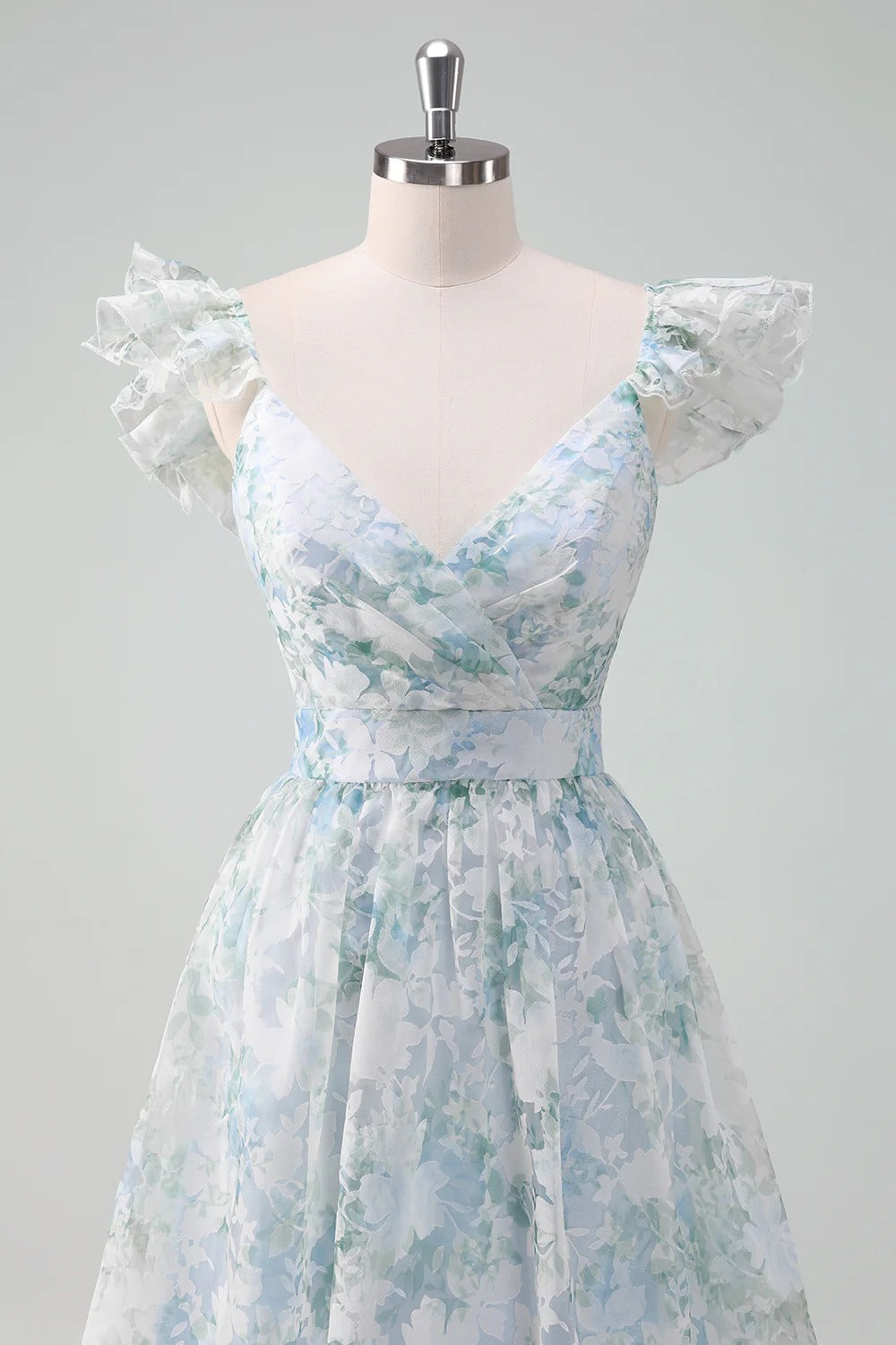 Light Blue & Green Floral Tulle Maxi Dress with Ruffled Cap Sleeves