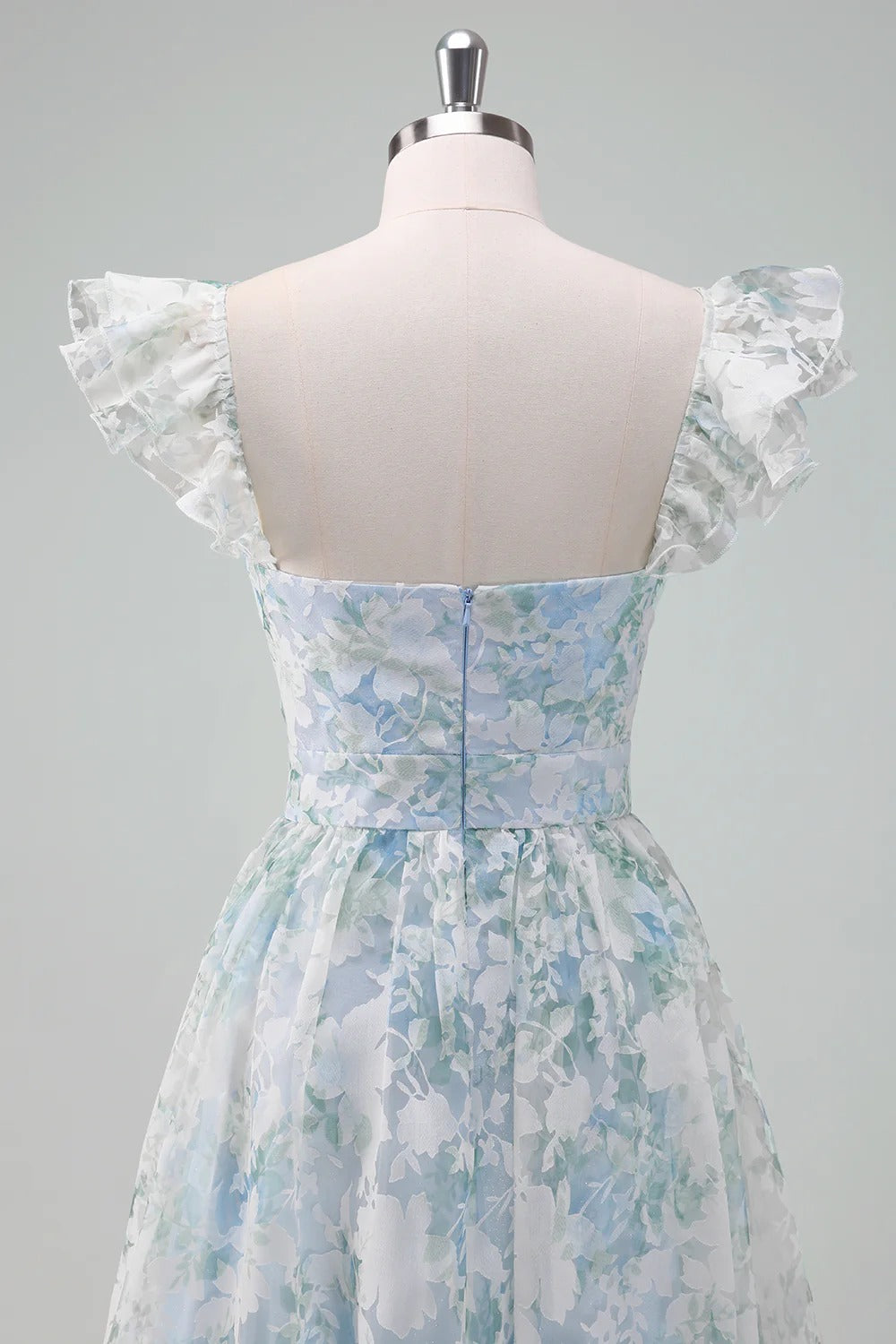 Light Blue & Green Floral Tulle Maxi Dress with Ruffled Cap Sleeves