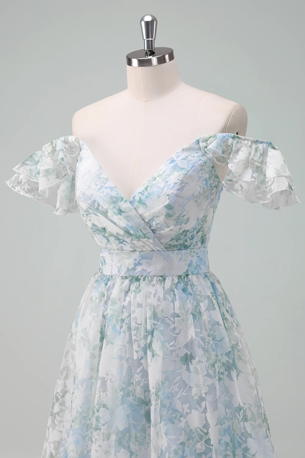 Light Blue & Green Floral Tulle Maxi Dress with Ruffled Cap Sleeves