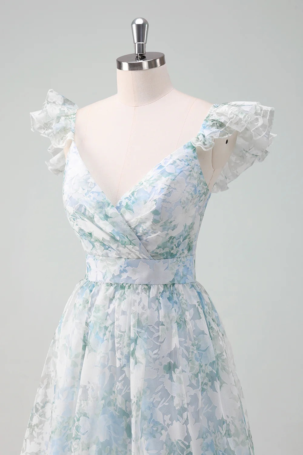 Light Blue & Green Floral Tulle Maxi Dress with Ruffled Cap Sleeves